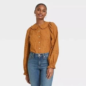 Universal Thread Rust Ruffle Collar Button-Down Blouse